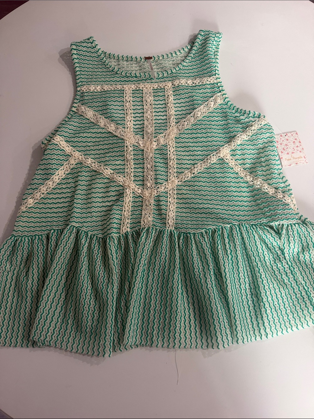 Free People Mint & Cream Crochet Ruffle Tank